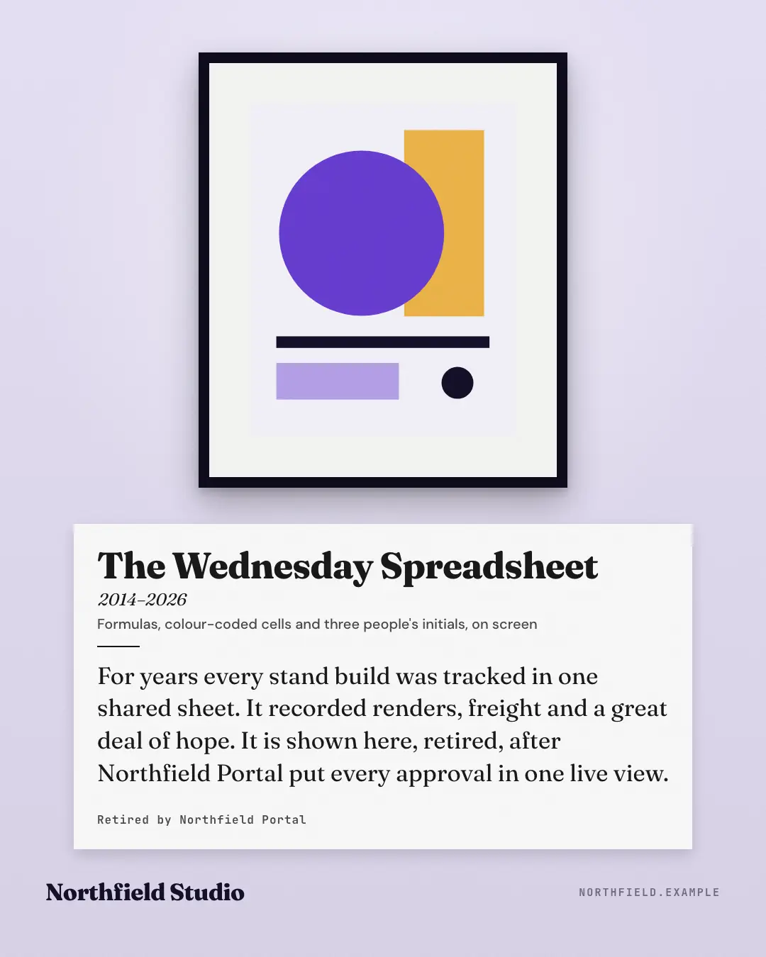 Sample Museum wall label creative (Editorial & print template), shown on the fictional brand Northfield Studio