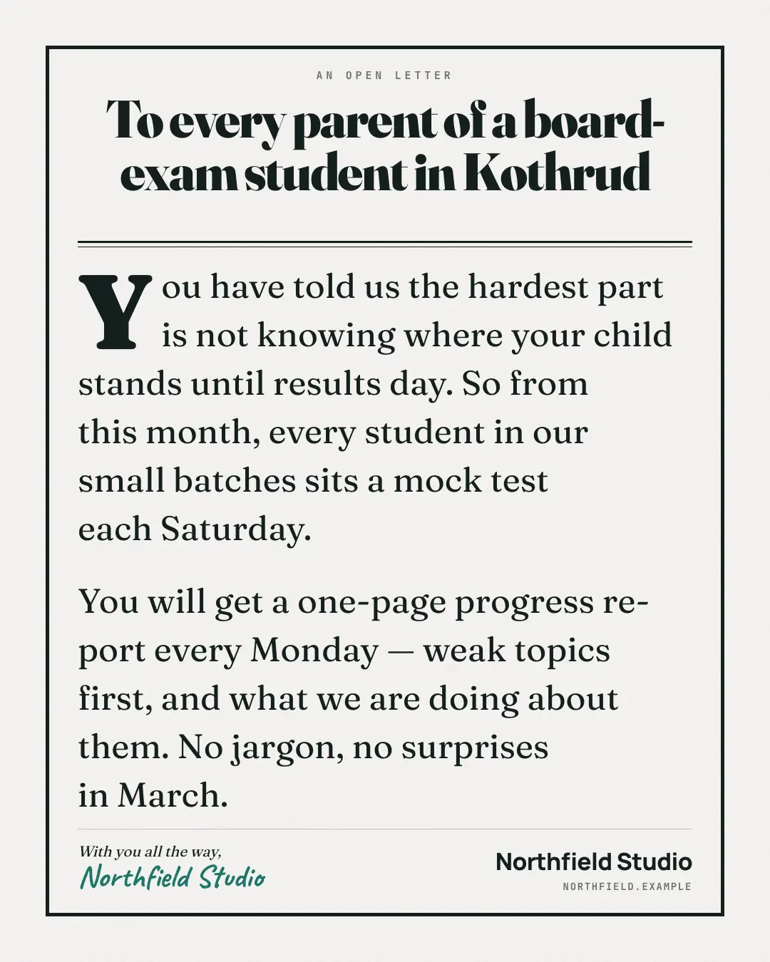 Sample Open-letter ad creative (Editorial & print template), shown on the fictional brand Northfield Studio