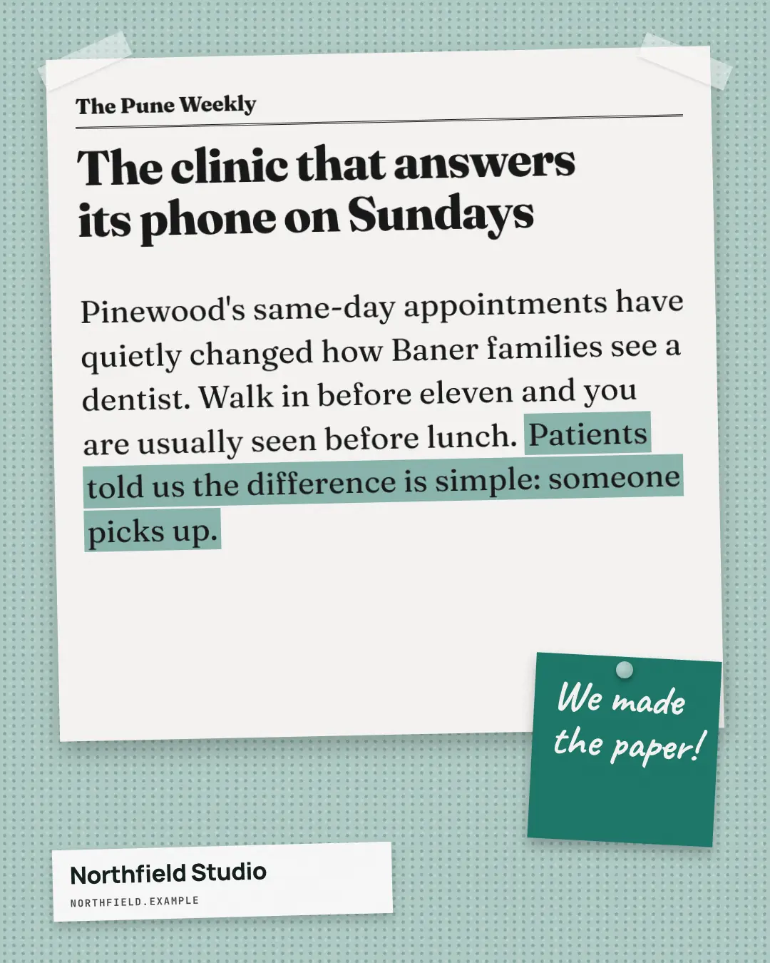 Sample Press clipping creative (Editorial & print template), shown on the fictional brand Northfield Studio