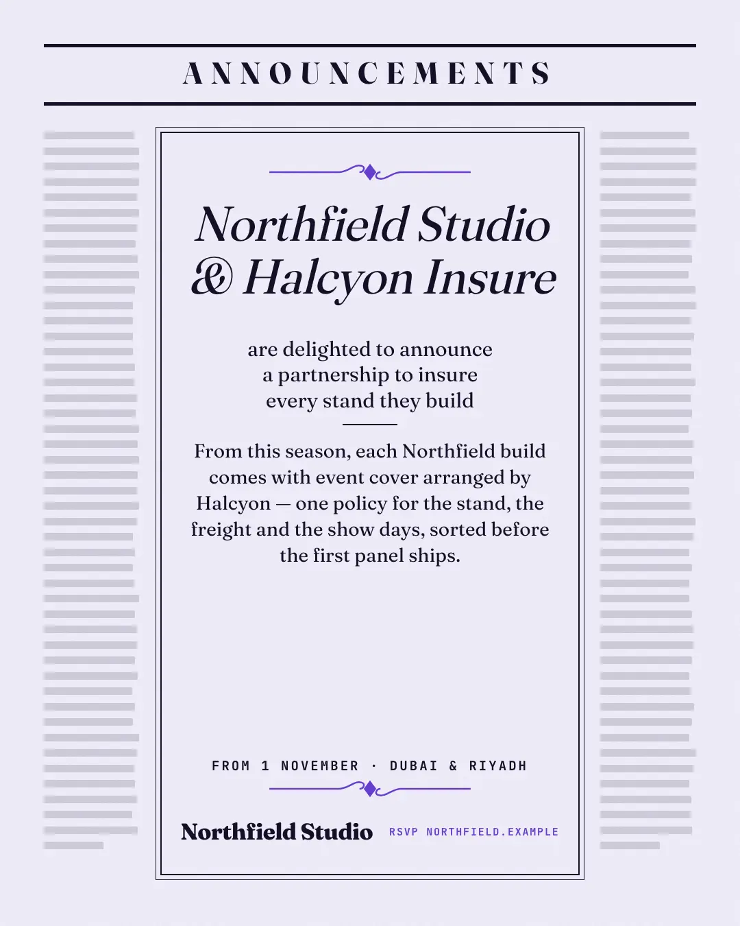 Sample Society pages creative (Editorial & print template), shown on the fictional brand Northfield Studio