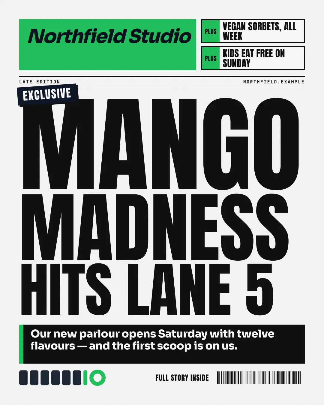 Sample Tabloid splash creative (Editorial & print template), shown on the fictional brand Northfield Studio