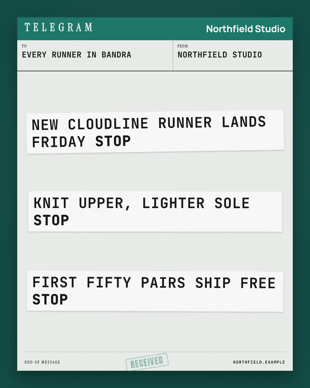 Sample Telegram creative (Editorial & print template), shown on the fictional brand Northfield Studio