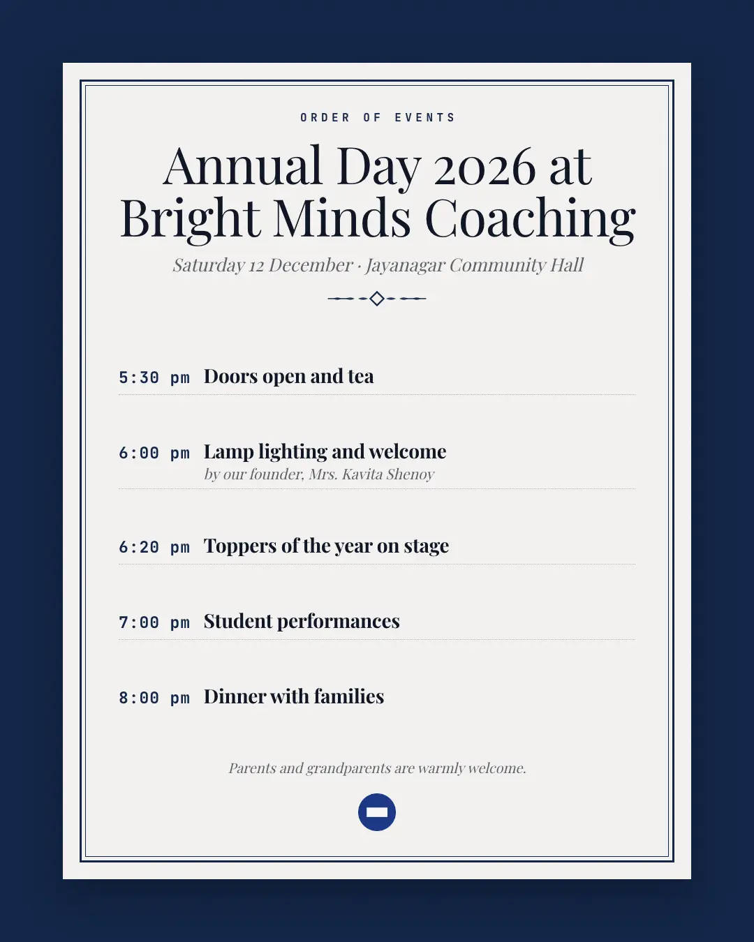 Sample Agenda card creative (Live, on the day template), shown on the fictional brand Northfield Studio