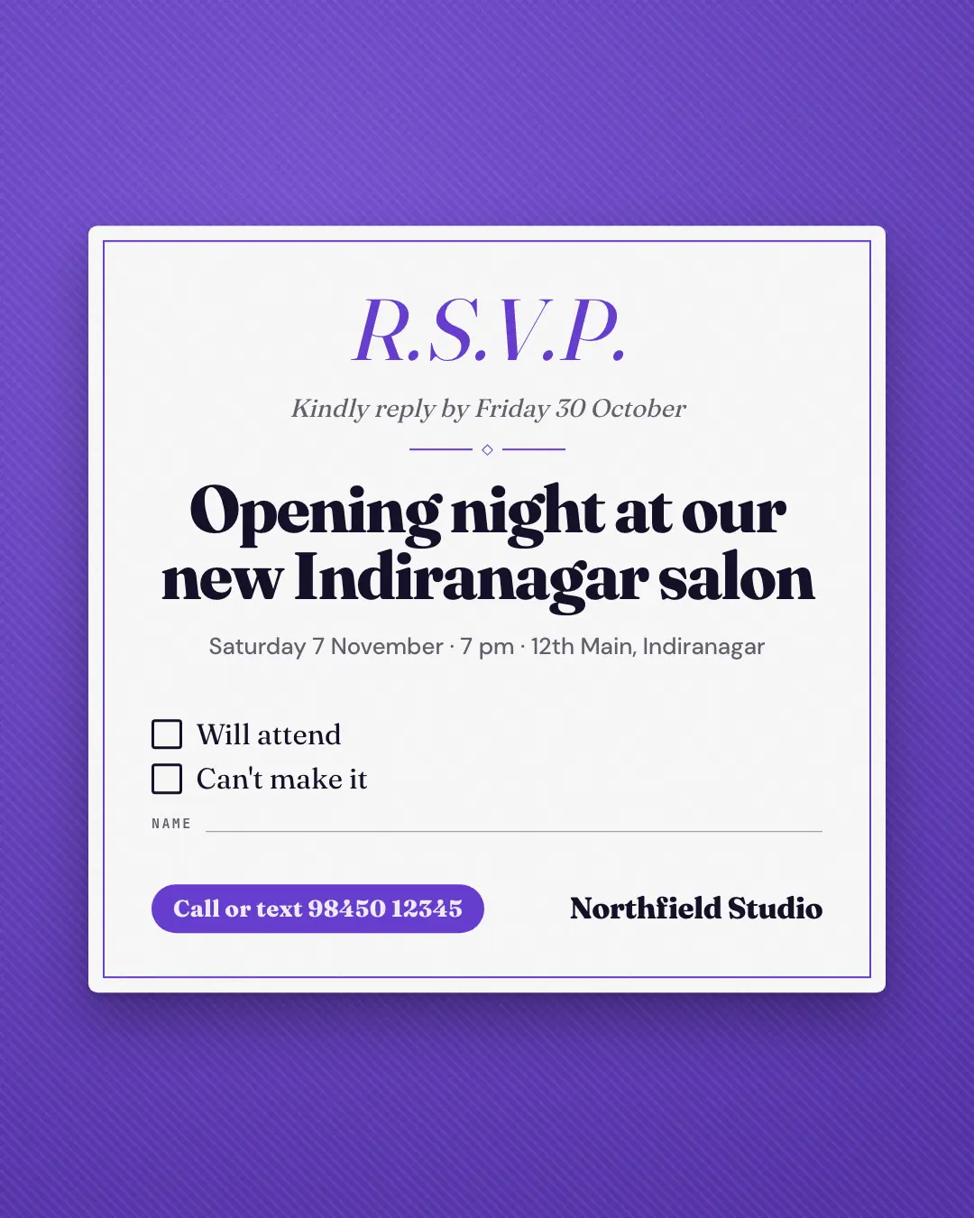 Sample RSVP card creative (Live, on the day template), shown on the fictional brand Northfield Studio