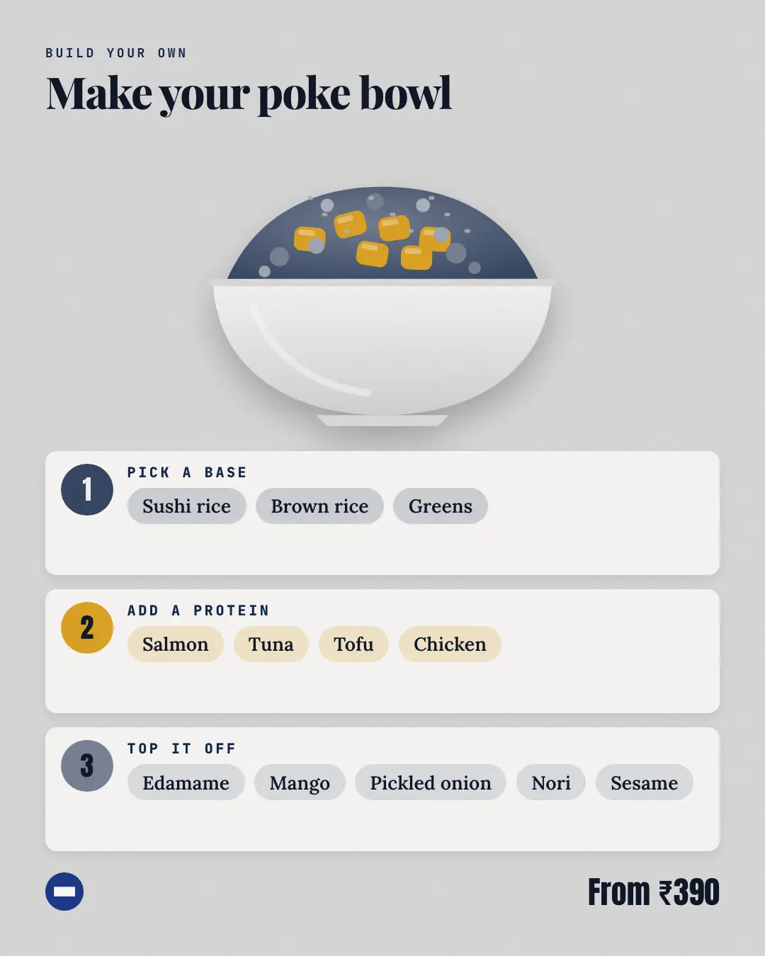 Sample Make-your-own bowl creative (Menus & dishes template), shown on the fictional brand Corner Crumb Café