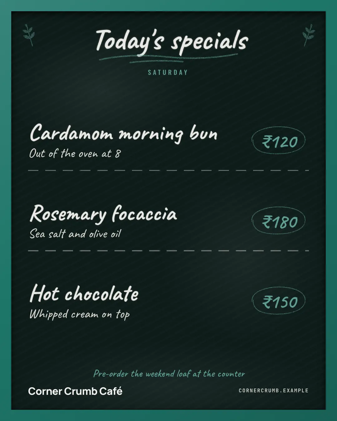 Sample Today's specials blackboard creative (Menus & dishes template), shown on the fictional brand Corner Crumb Café