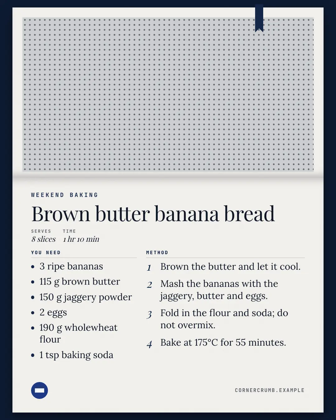 Sample Cookbook page creative (Menus & dishes template), shown on the fictional brand Corner Crumb Café
