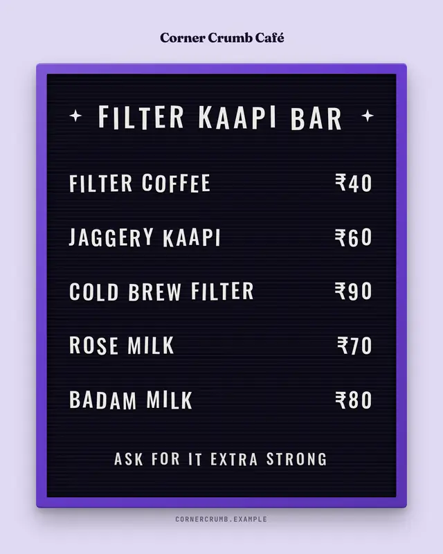 Letterboard menu — sample creative