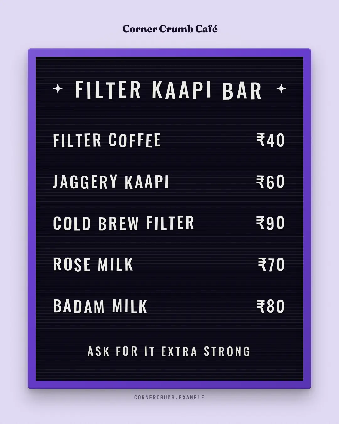 Sample Letterboard menu creative (Menus & dishes template), shown on the fictional brand Corner Crumb Café