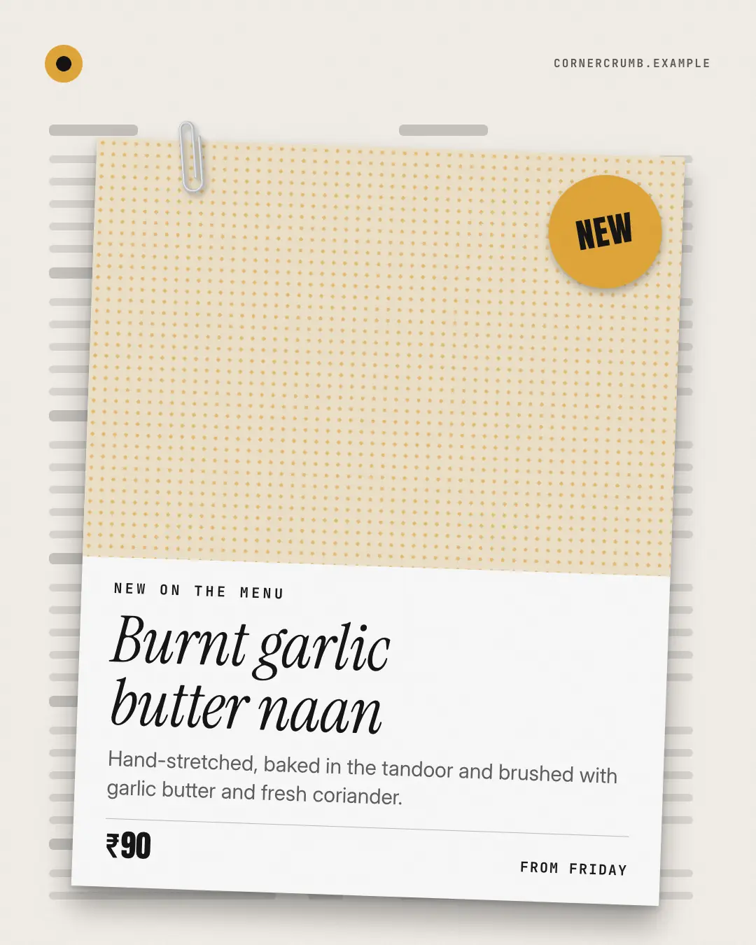 Sample New on the menu creative (Menus & dishes template), shown on the fictional brand Corner Crumb Café