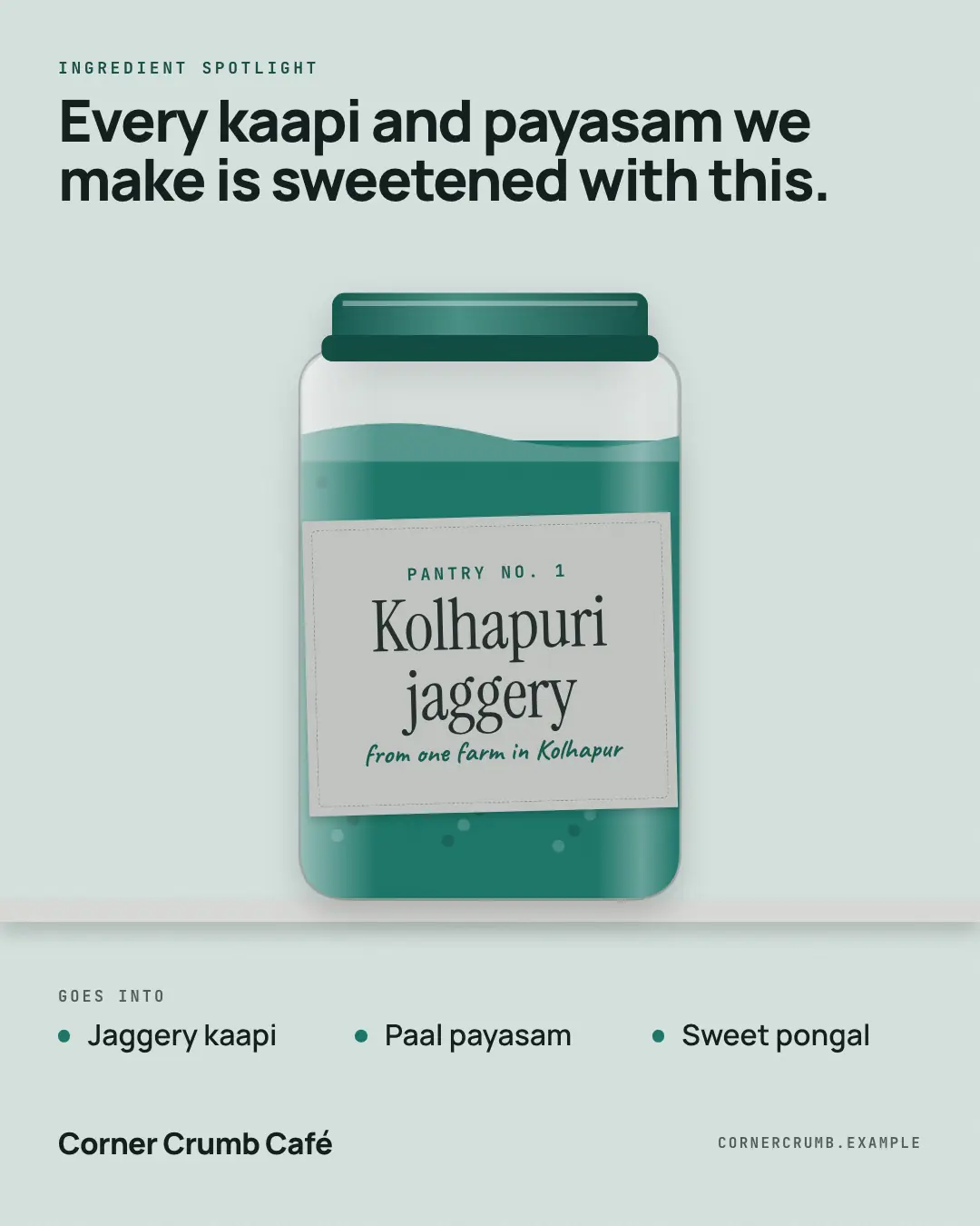 Sample Pantry jar creative (Menus & dishes template), shown on the fictional brand Corner Crumb Café