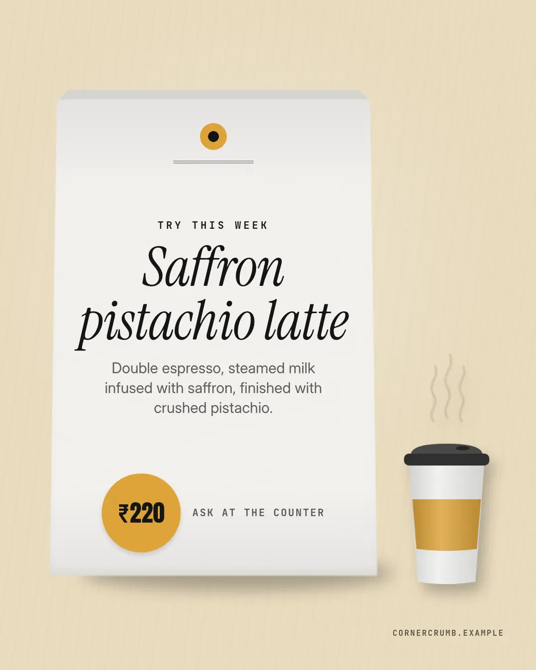 Sample Table tent card creative (Menus & dishes template), shown on the fictional brand Corner Crumb Café