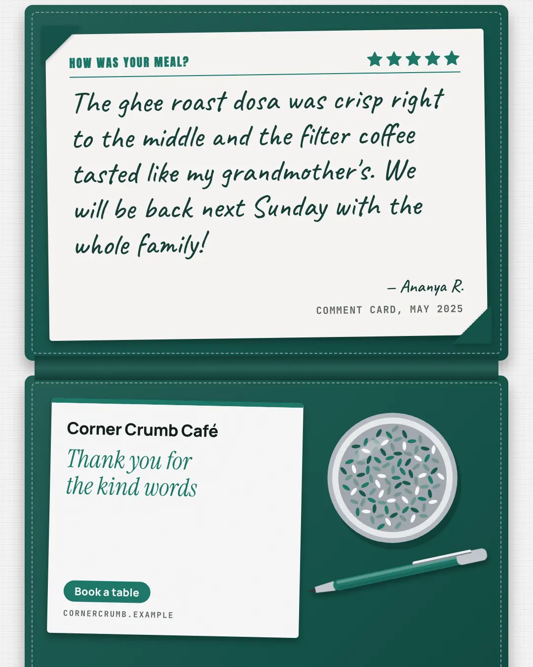 Sample Diner's note card creative (Café & restaurant life template), shown on the fictional brand Corner Crumb Café
