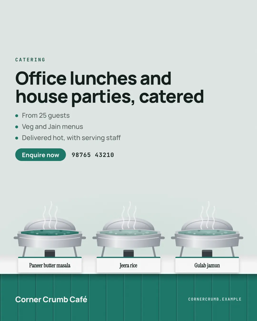 Sample Chafing-dish buffet creative (Café & restaurant life template), shown on the fictional brand Corner Crumb Café