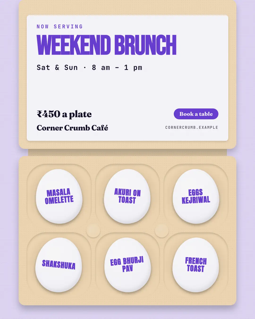 Sample Brunch egg box creative (Café & restaurant life template), shown on the fictional brand Corner Crumb Café