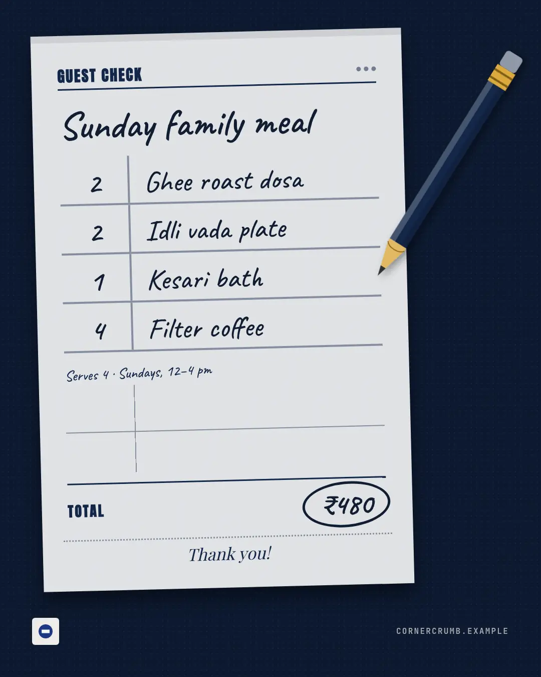 Sample Restaurant check creative (Café & restaurant life template), shown on the fictional brand Corner Crumb Café