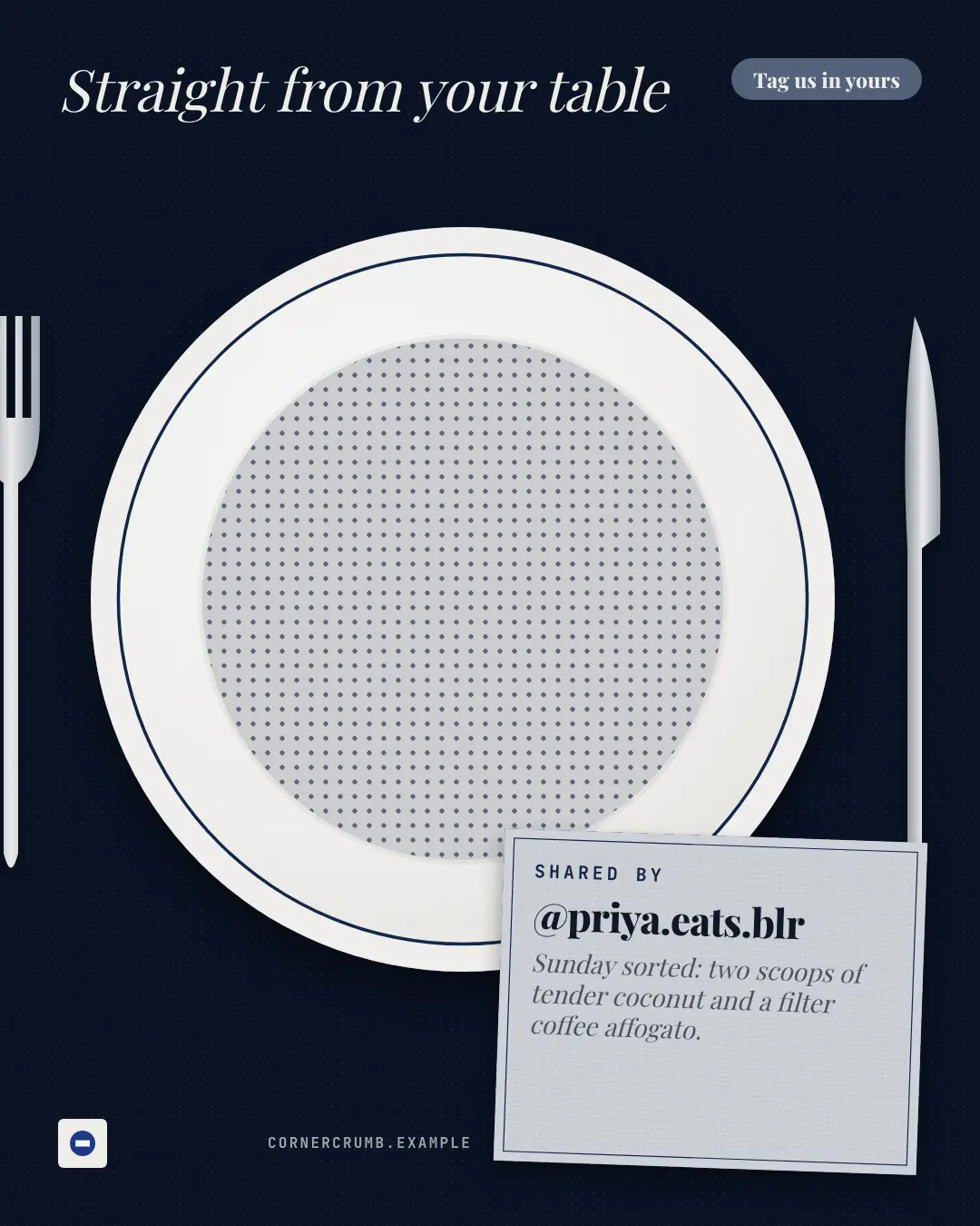 Sample Diner's dish creative (Café & restaurant life template), shown on the fictional brand Corner Crumb Café
