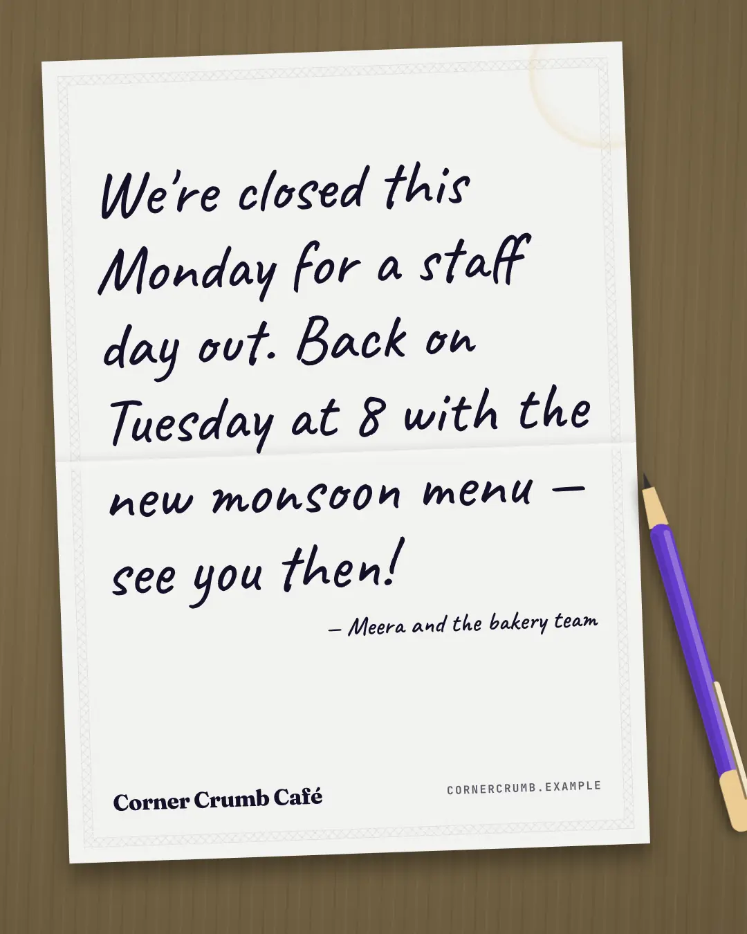 Sample Note on a napkin creative (Café & restaurant life template), shown on the fictional brand Corner Crumb Café