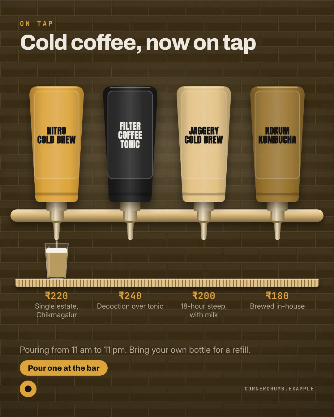 Sample On draught creative (Café & restaurant life template), shown on the fictional brand Corner Crumb Café