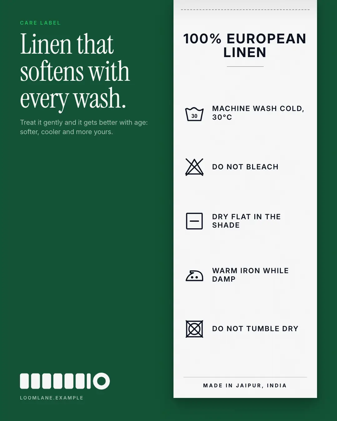 Sample Care label creative (Looks & fits template), shown on the fictional brand Loomlane