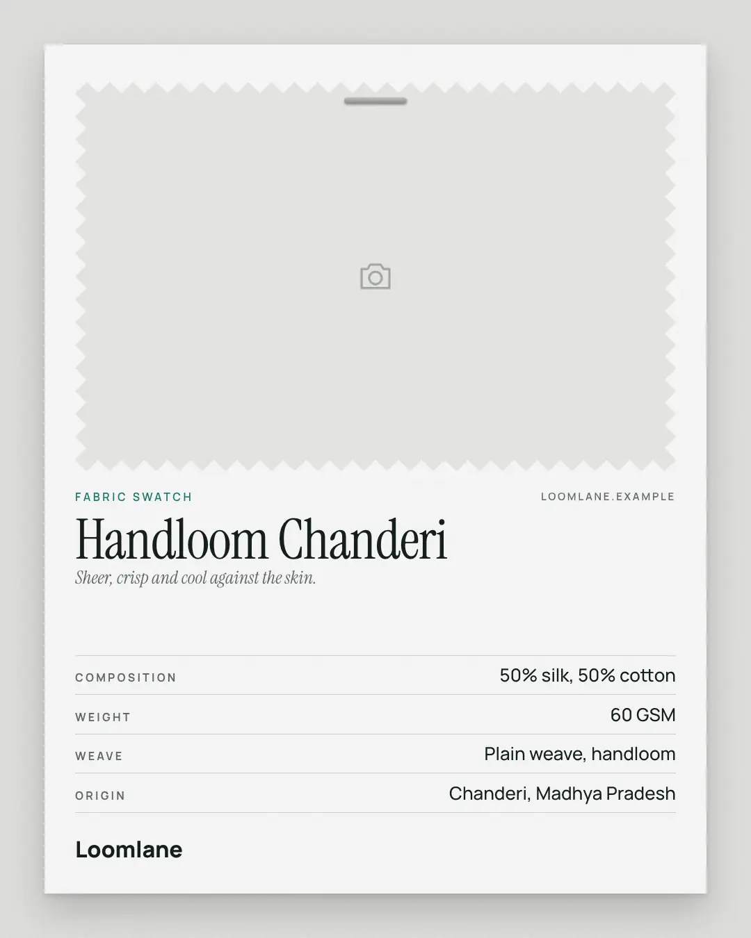 Sample Fabric swatch card creative (Looks & fits template), shown on the fictional brand Loomlane