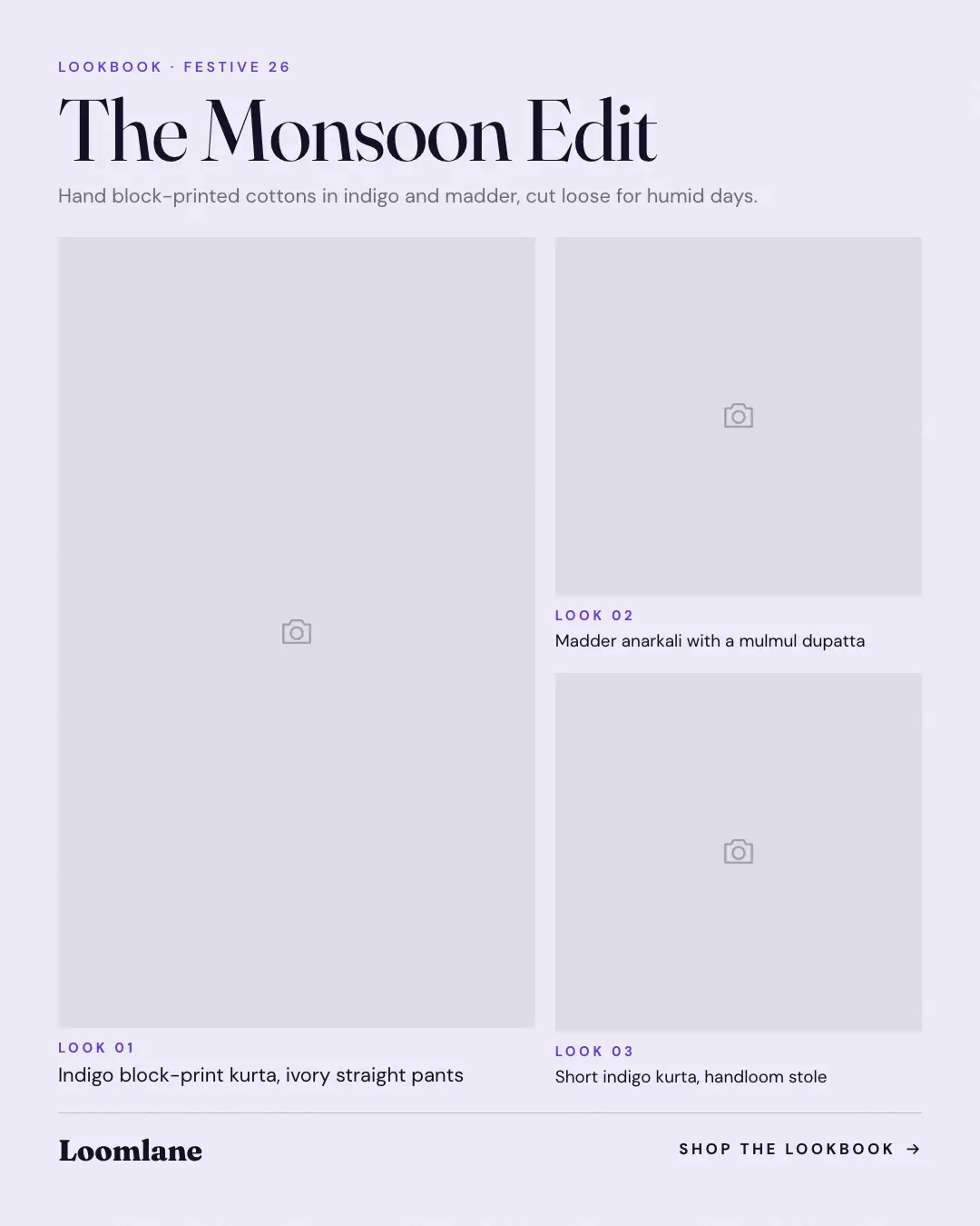 Sample Lookbook creative (Looks & fits template), shown on the fictional brand Loomlane