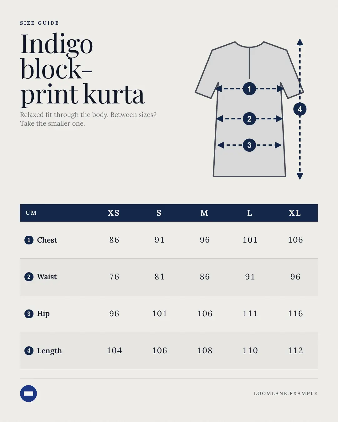 Sample Size guide creative (Looks & fits template), shown on the fictional brand Loomlane
