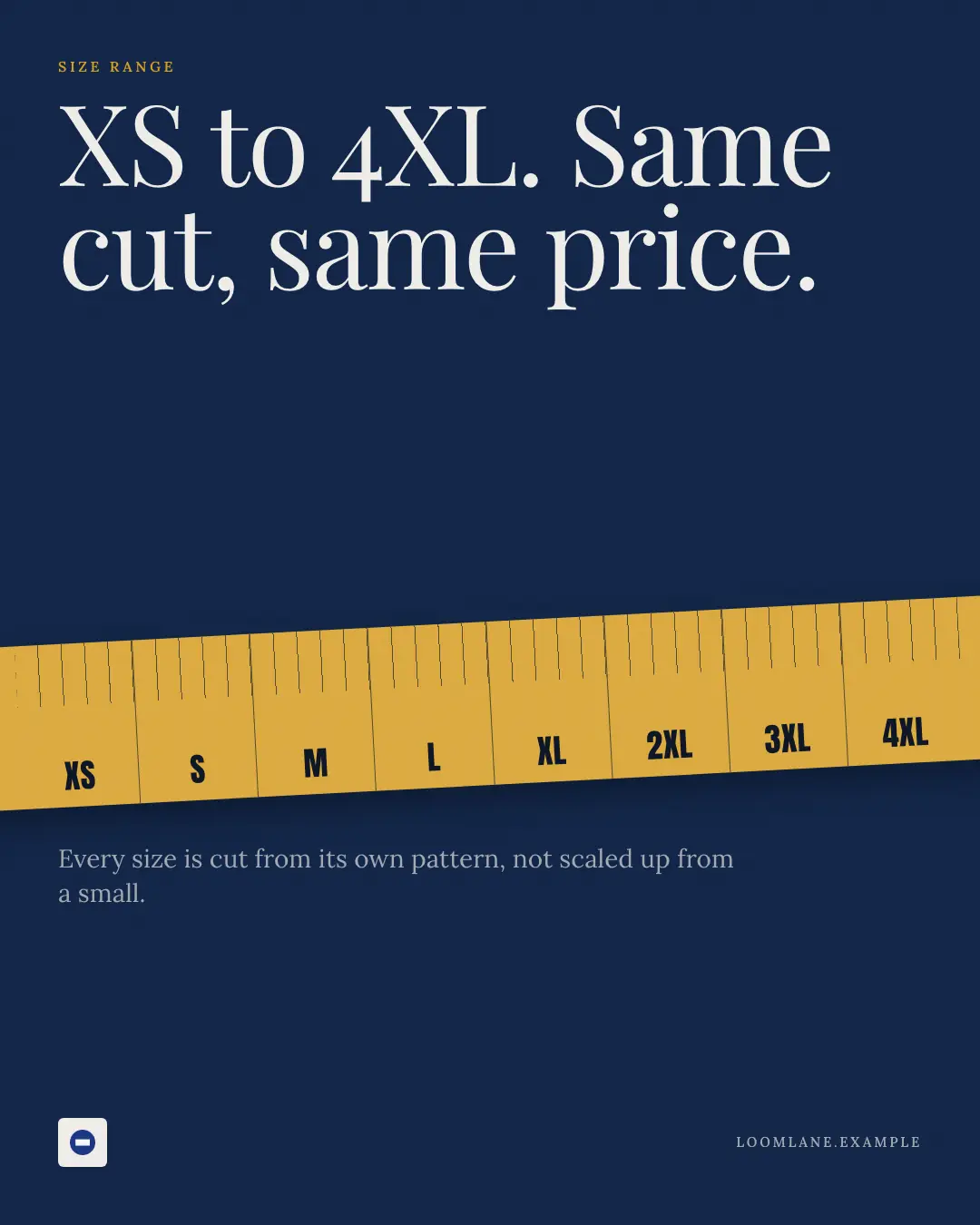 Sample Size range creative (Looks & fits template), shown on the fictional brand Loomlane