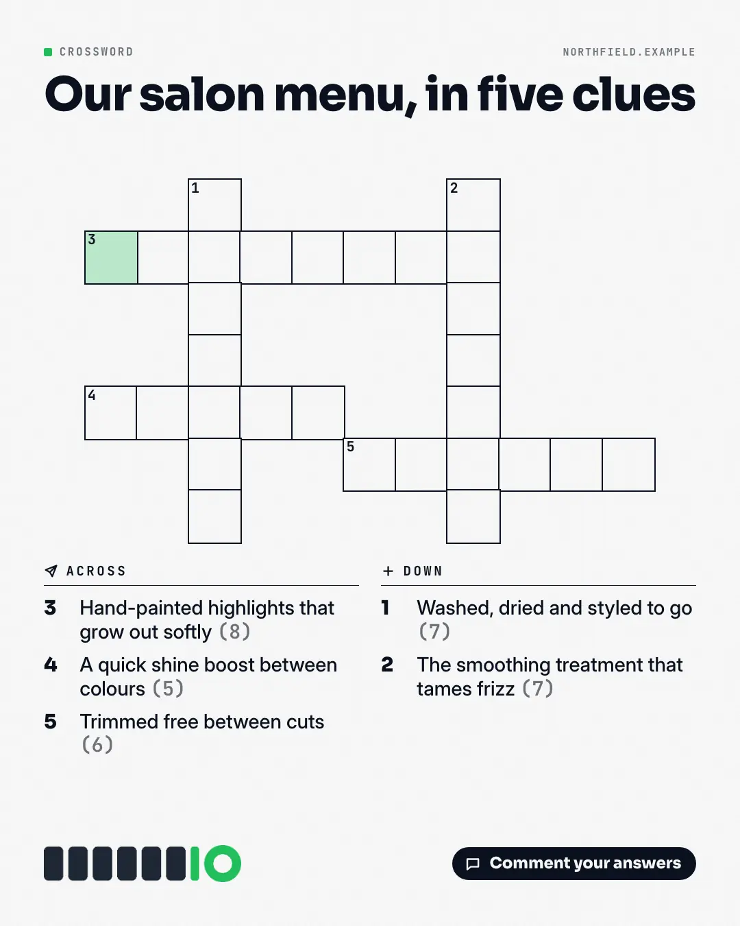 Sample Crossword creative (Puzzles & brain-teasers template), shown on the fictional brand Northfield Studio