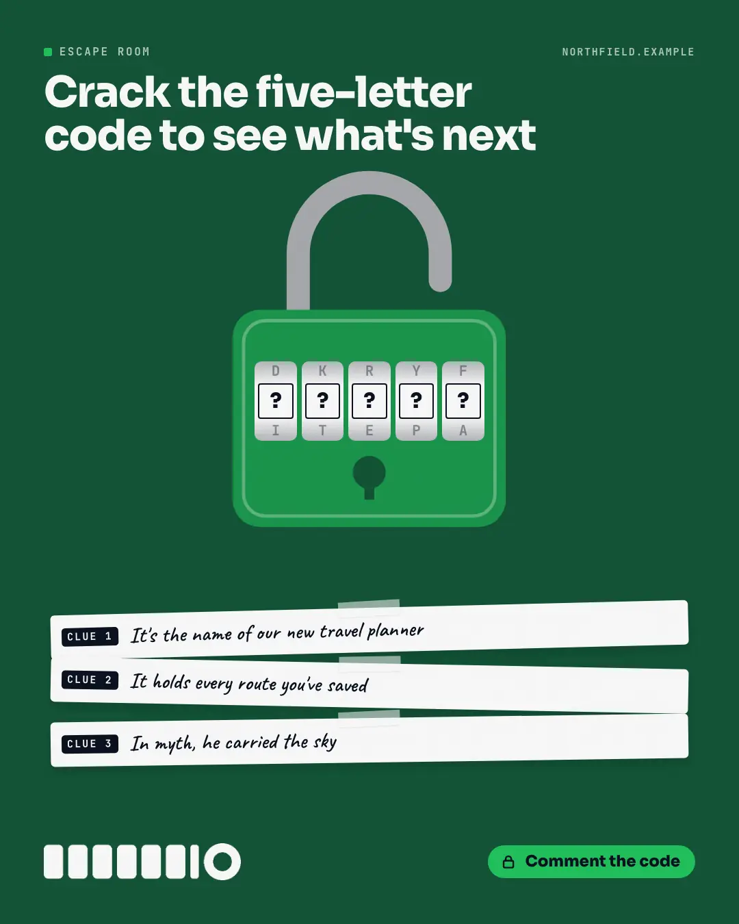 Sample Padlock puzzle creative (Puzzles & brain-teasers template), shown on the fictional brand Northfield Studio