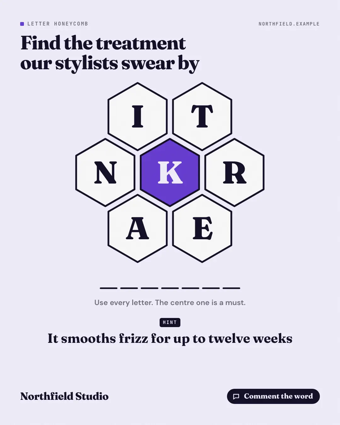 Sample Word honeycomb creative (Puzzles & brain-teasers template), shown on the fictional brand Northfield Studio
