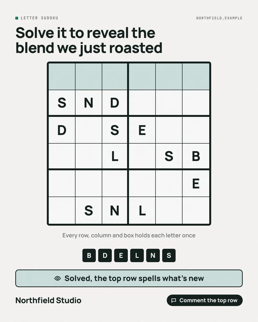 Sample Word sudoku creative (Puzzles & brain-teasers template), shown on the fictional brand Northfield Studio