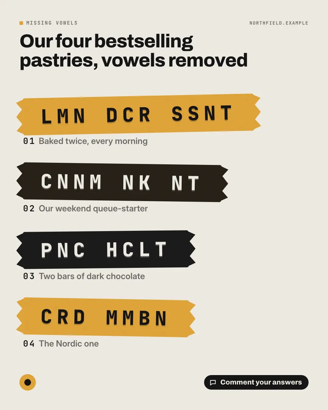 Sample No vowels creative (Puzzles & brain-teasers template), shown on the fictional brand Northfield Studio