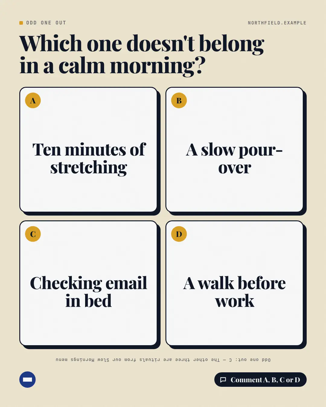 Sample Odd one out creative (Puzzles & brain-teasers template), shown on the fictional brand Northfield Studio
