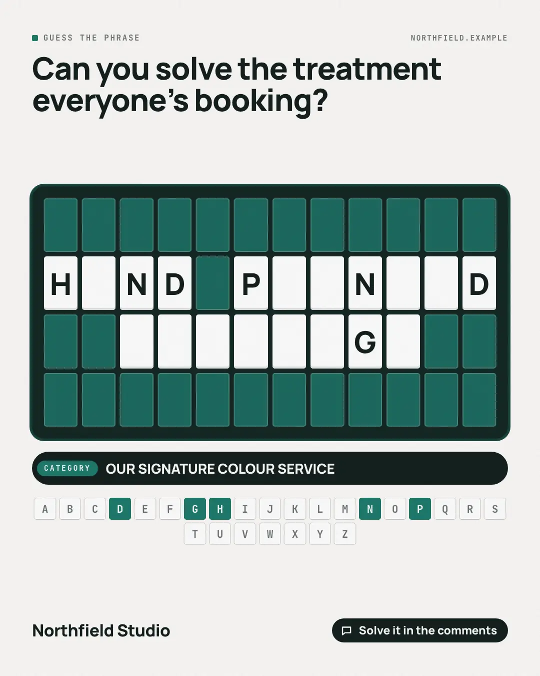 Sample Guess the phrase board creative (Puzzles & brain-teasers template), shown on the fictional brand Northfield Studio