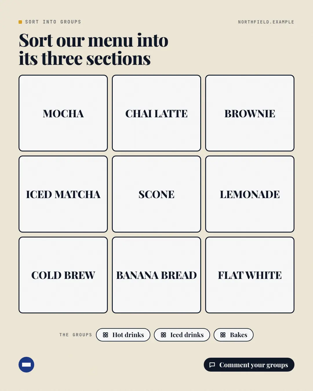 Sample Sort the words creative (Puzzles & brain-teasers template), shown on the fictional brand Northfield Studio
