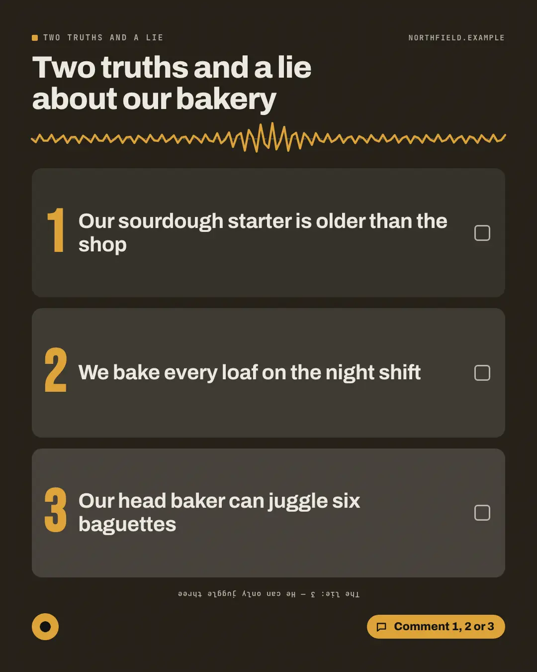 Sample Two truths and a lie creative (Puzzles & brain-teasers template), shown on the fictional brand Northfield Studio