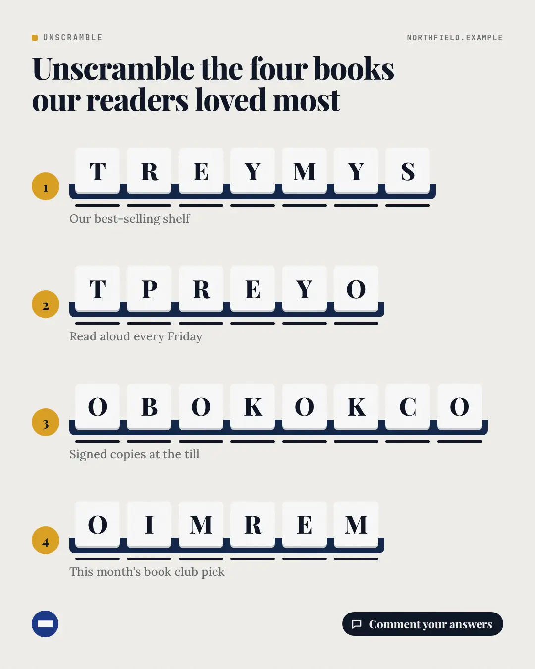 Sample Unscramble the words creative (Puzzles & brain-teasers template), shown on the fictional brand Northfield Studio