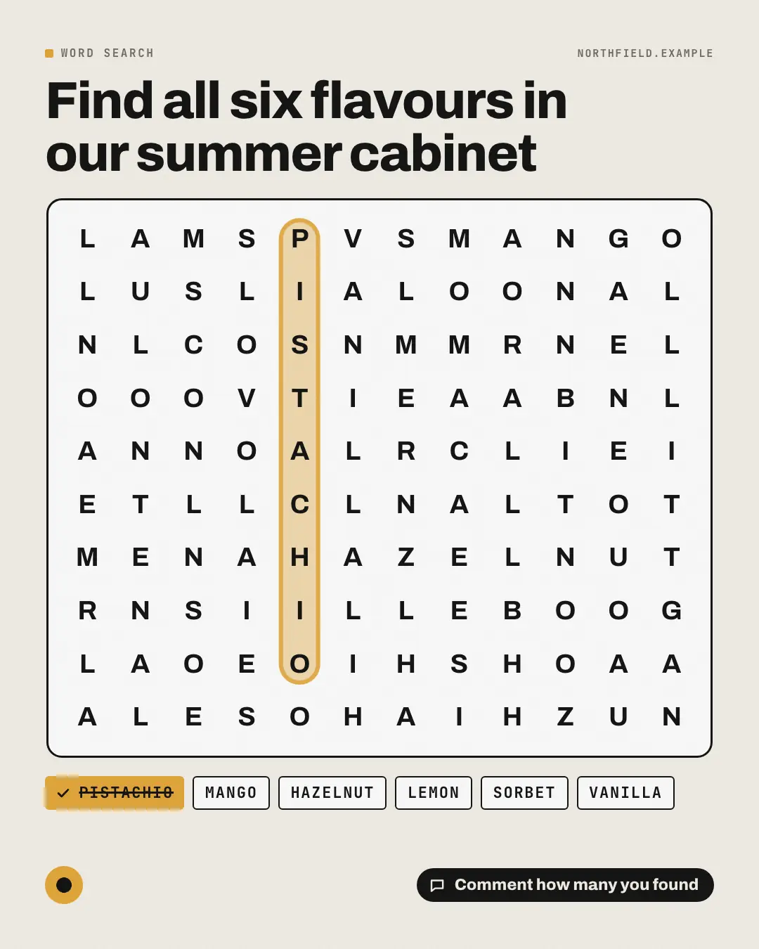 Sample Word search creative (Puzzles & brain-teasers template), shown on the fictional brand Northfield Studio