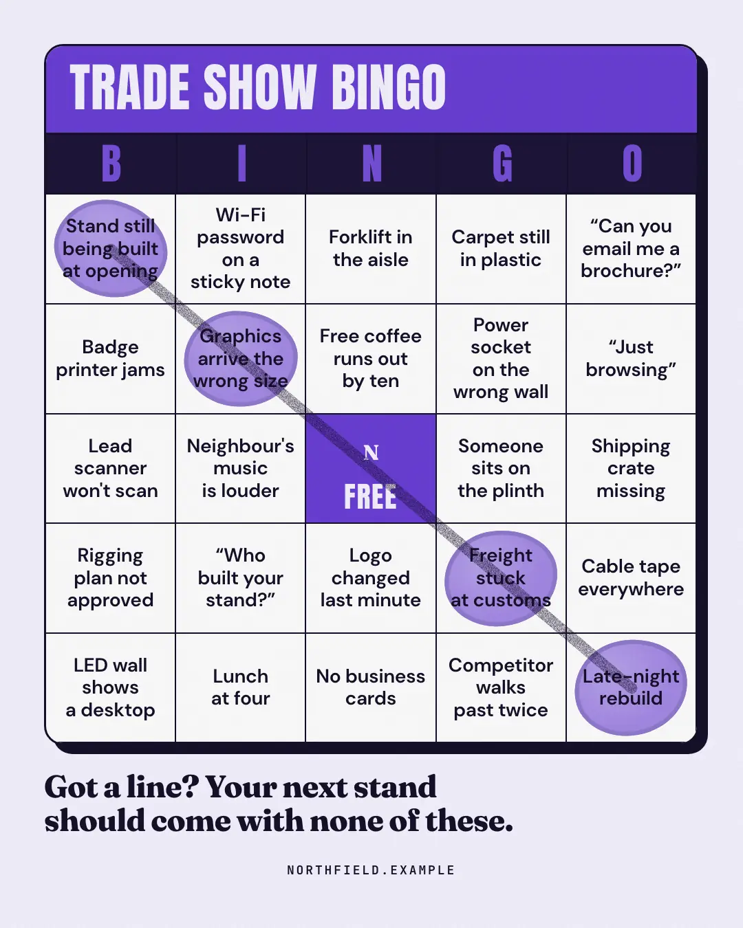 Sample Bingo card creative (Internet culture template), shown on the fictional brand Northfield Studio