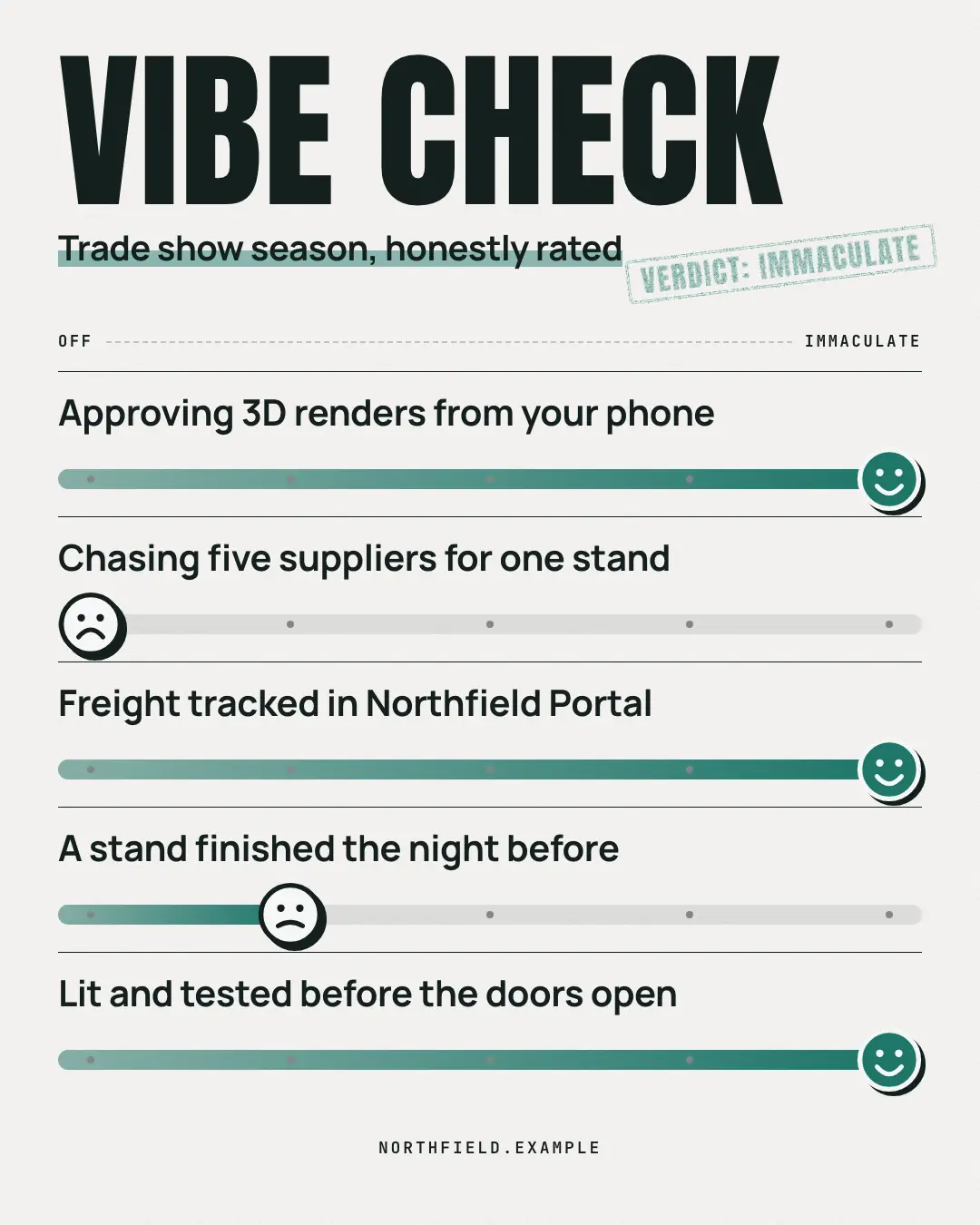 Sample Vibe check creative (Internet culture template), shown on the fictional brand Northfield Studio