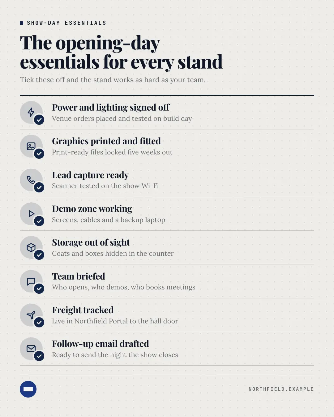 Sample Essentials checklist creative (Infographics template), shown on the fictional brand Northfield Studio