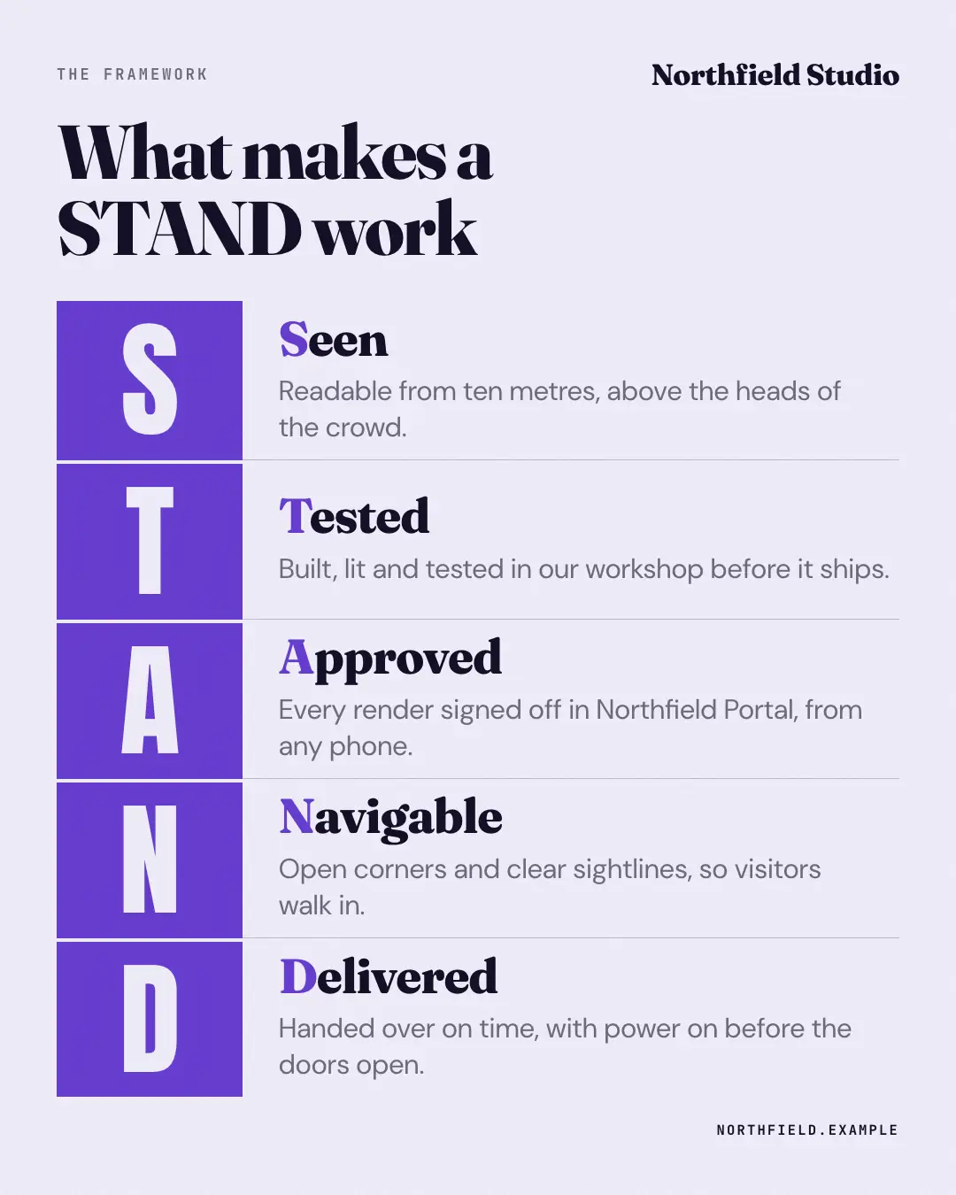 Sample Acronym framework creative (Lists & frameworks template), shown on the fictional brand Northfield Studio