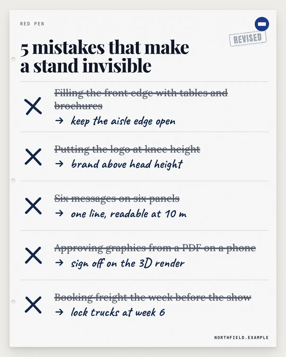 Sample Red-pen mistakes creative (Lists & frameworks template), shown on the fictional brand Northfield Studio