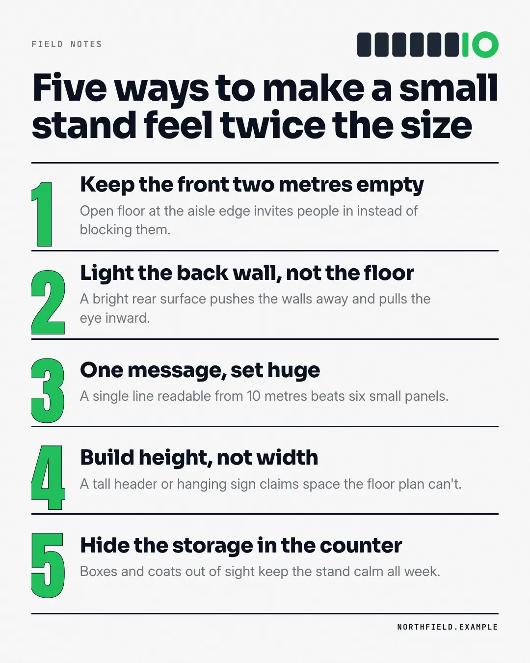 Sample Numbered tips creative (Lists & frameworks template), shown on the fictional brand Northfield Studio