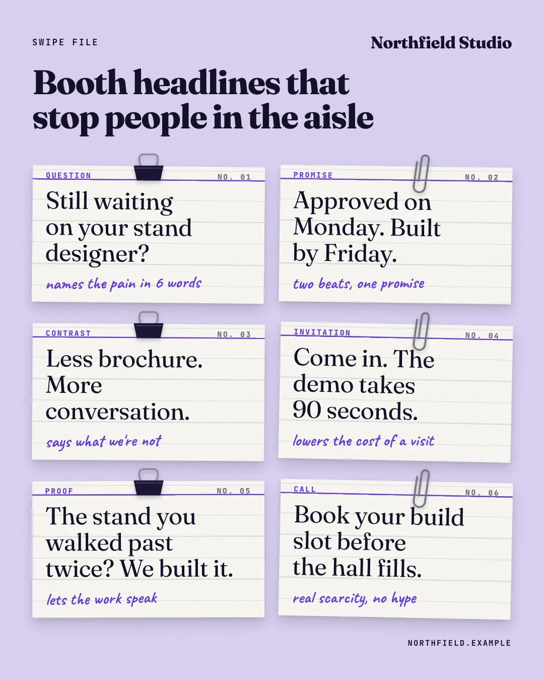 Sample Swipe file creative (Lists & frameworks template), shown on the fictional brand Northfield Studio