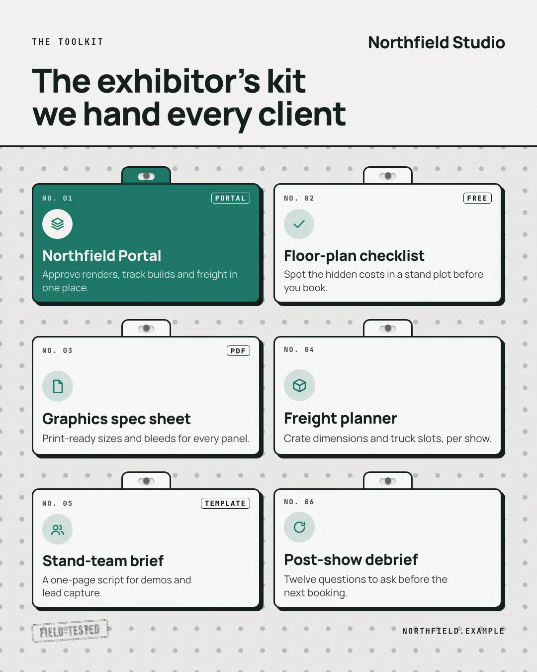 Sample Toolkit pegboard creative (Lists & frameworks template), shown on the fictional brand Northfield Studio