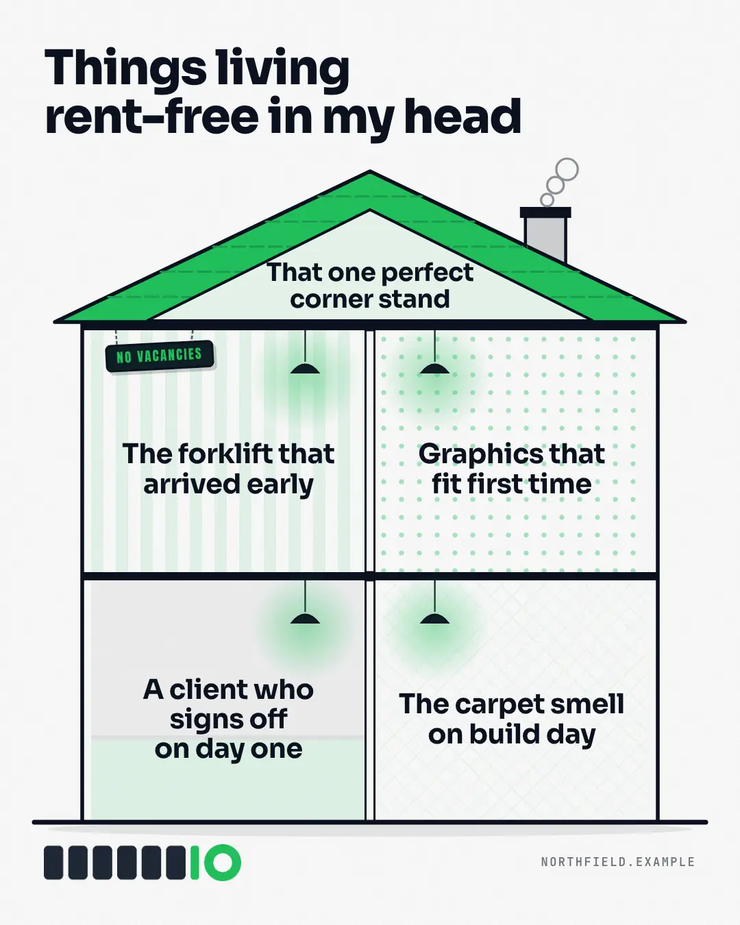 Sample Living rent-free creative (Meme template), shown on the fictional brand Northfield Studio