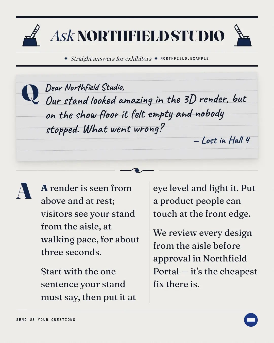 Sample Ask the expert column creative (News & media template), shown on the fictional brand Northfield Studio