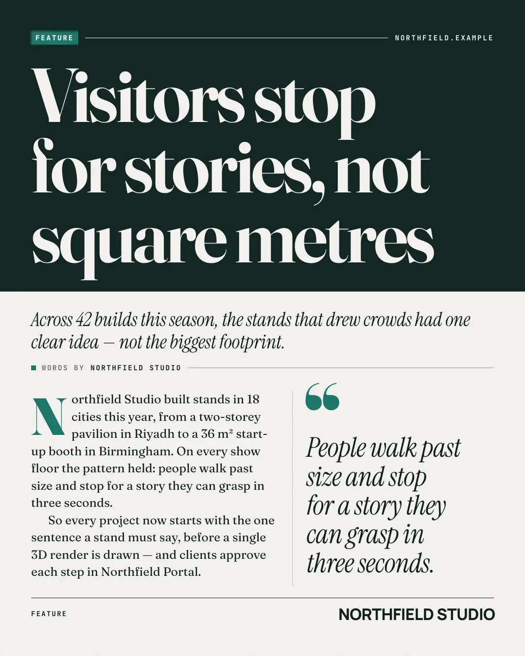 Sample Magazine feature spread creative (News & media template), shown on the fictional brand Northfield Studio